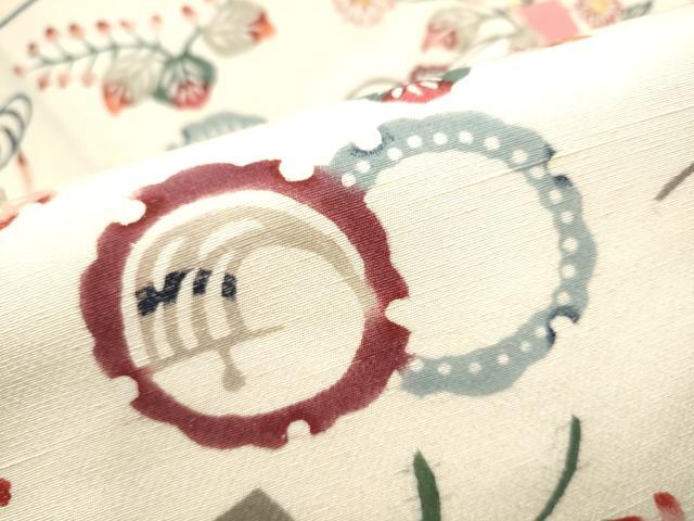 平和屋着物●九寸名古屋帯 紬地 型染め 雪輪花文 正絹 逸品 CABG9165hy