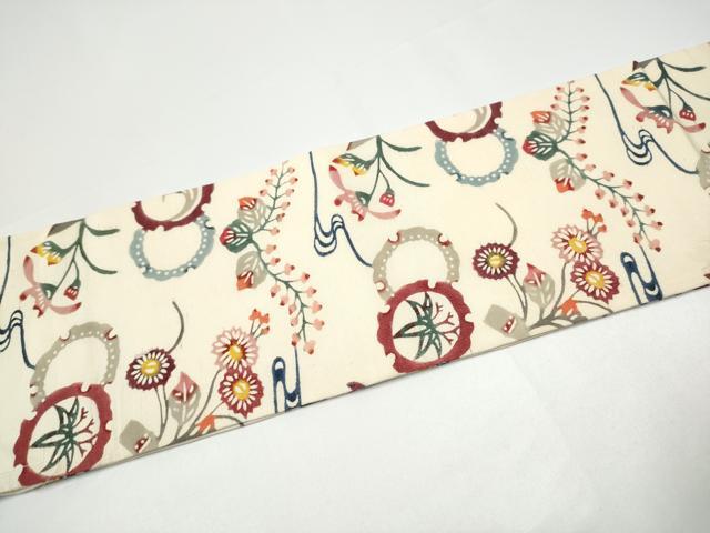平和屋着物●九寸名古屋帯 紬地 型染め 雪輪花文 正絹 逸品 CABG9165hy
