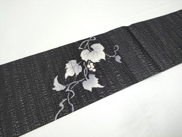 平和屋着物▽九寸名古屋帯 スリーシーズン 春夏秋 葡萄蔦の葉文 銀通し地 正絹 逸品 CABG9170hy