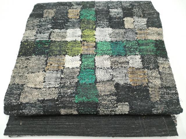 平和屋着物●八寸名古屋帯 紬地 市松文様 黒地 金糸 正絹 逸品 CABG9174hy