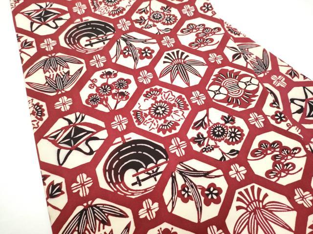 平和屋着物●塩瀬 全通柄 九寸名古屋帯 型染め 蜀江松竹梅 正絹 逸品 CABG9177hy