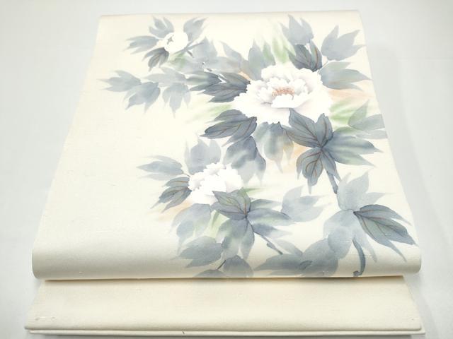 平和屋着物●九寸開き名古屋帯 手描き 牡丹 正絹 逸品 CABG9178hy