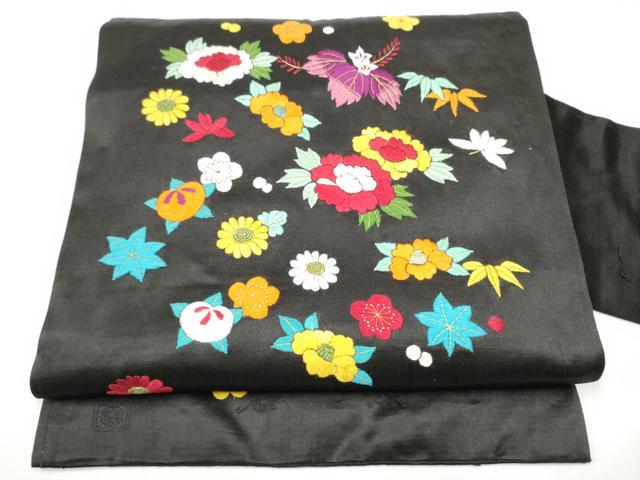 平和屋着物●アンティーク 大正ロマン 九寸名古屋帯 総手刺繍 草花文 黒地 金糸 正絹 逸品 CABG9179hy