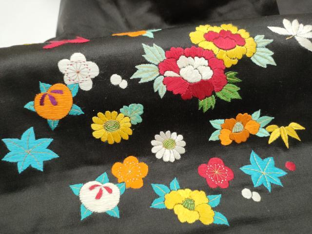 平和屋着物●アンティーク 大正ロマン 九寸名古屋帯 総手刺繍 草花文 黒地 金糸 正絹 逸品 CABG9179hy