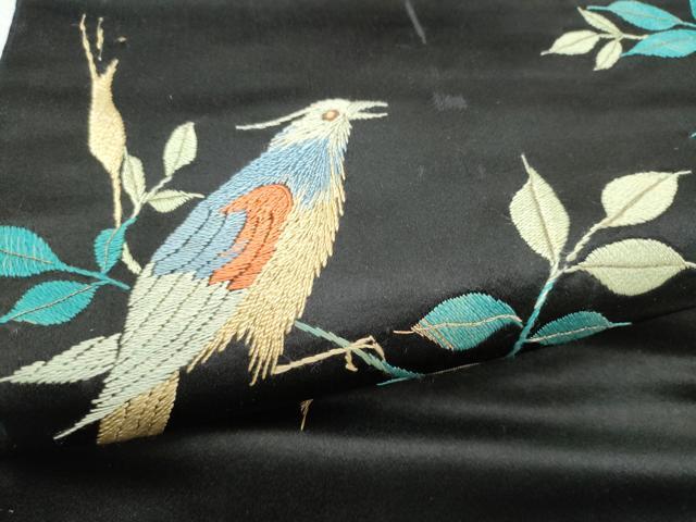 平和屋着物●アンティーク 大正ロマン 九寸名古屋帯 総手刺繍 休み鳥枝椿 黒地 金糸 正絹 逸品 CABG9186hy