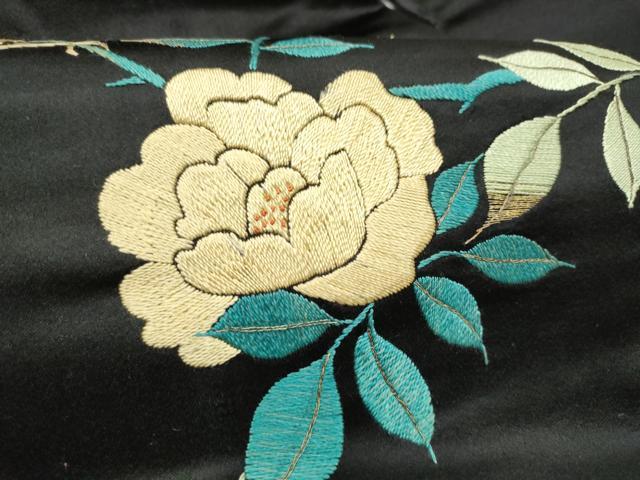 平和屋着物●アンティーク 大正ロマン 九寸名古屋帯 総手刺繍 休み鳥枝椿 黒地 金糸 正絹 逸品 CABG9186hy