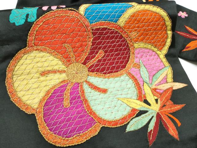 平和屋着物●アンティーク 大正ロマン 九寸名古屋帯 総手刺繍 草花文 黒地 金糸 正絹 逸品 CABG9190hy
