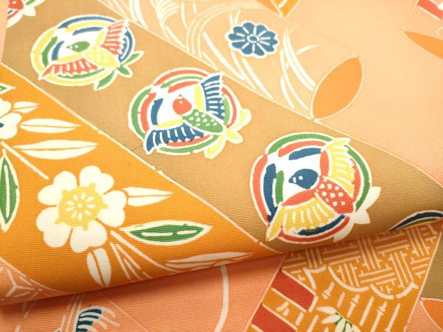 平和屋着物●塩瀬 九寸名古屋帯 型染め 花鳥文 正絹 逸品 CABG9192hy