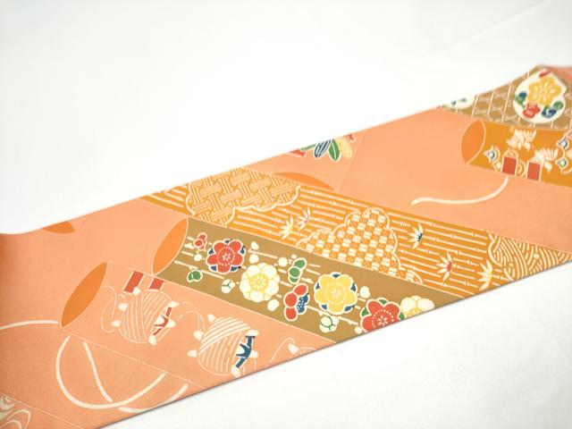 平和屋着物●塩瀬 九寸名古屋帯 型染め 花鳥文 正絹 逸品 CABG9192hy