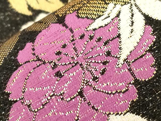 平和屋着物●六通柄袋帯 草花文 黒地 金糸 正絹 逸品 CABG9226dy