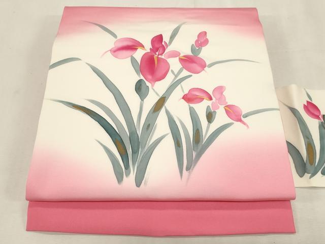 平和屋着物●塩瀬 九寸名古屋帯 手描き アヤメ 金彩 正絹 逸品 CABG9233dy