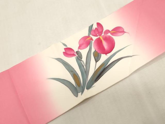 平和屋着物●塩瀬 九寸名古屋帯 手描き アヤメ 金彩 正絹 逸品 CABG9233dy