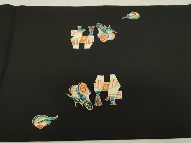 平和屋着物●塩瀬 九寸開き名古屋帯 駒刺繍 干支 黒地 金彩 正絹 逸品 CABG9235dy