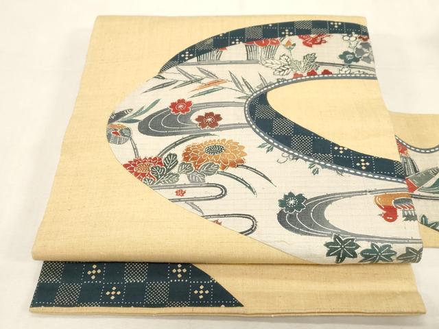 平和屋着物●九寸名古屋帯 紬地 切嵌流水花鳥文 正絹 逸品 CABG9236dy