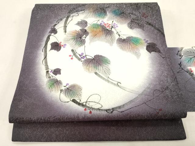 平和屋着物●九寸名古屋帯 手描き 蔦の葉文 銀通し地 正絹 逸品 CABG9242dy