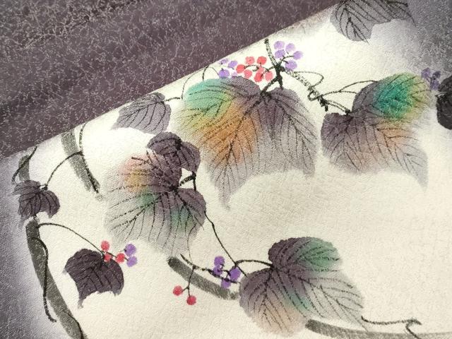 平和屋着物●九寸名古屋帯 手描き 蔦の葉文 銀通し地 正絹 逸品 CABG9242dy