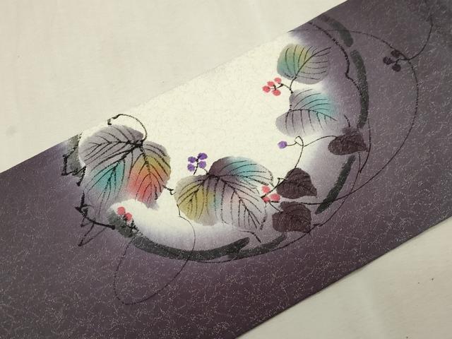 平和屋着物●九寸名古屋帯 手描き 蔦の葉文 銀通し地 正絹 逸品 CABG9242dy