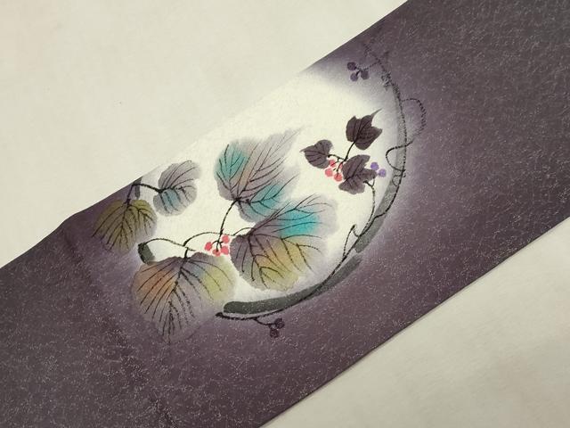 平和屋着物●九寸名古屋帯 手描き 蔦の葉文 銀通し地 正絹 逸品 CABG9242dy
