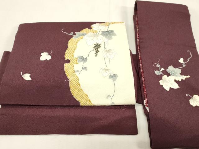 平和屋着物●つけ帯 雪輪葡萄蔦の葉文 金彩 鬼しぼ縮緬 正絹 逸品 CABG9281dy