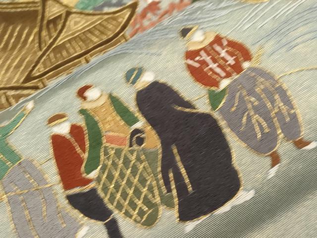 平和屋着物●太鼓柄袋帯 刺繍 人物風景文 金銀彩 引箔 正絹 逸品 CABG9340dy