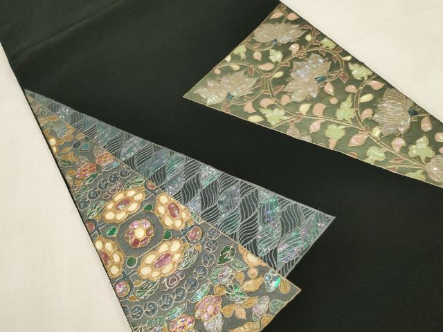 平和屋着物●太鼓柄袋帯 白鴎作 螺鈿 色紙重ね文 黒地 金銀彩 正絹 逸品 CABG9343dy