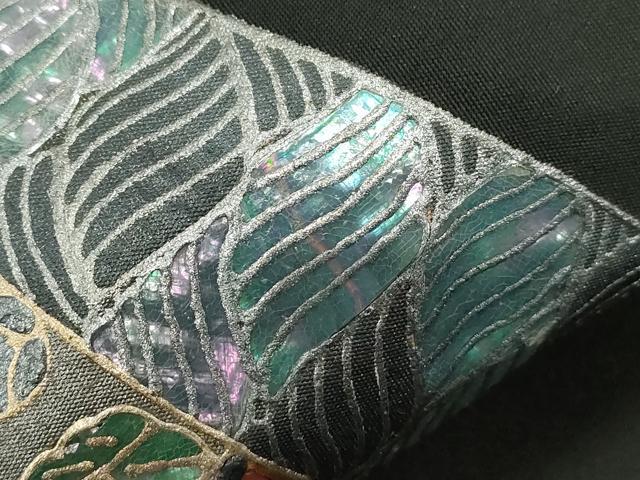 平和屋着物●太鼓柄袋帯 白鴎作 螺鈿 色紙重ね文 黒地 金銀彩 正絹 逸品 CABG9343dy