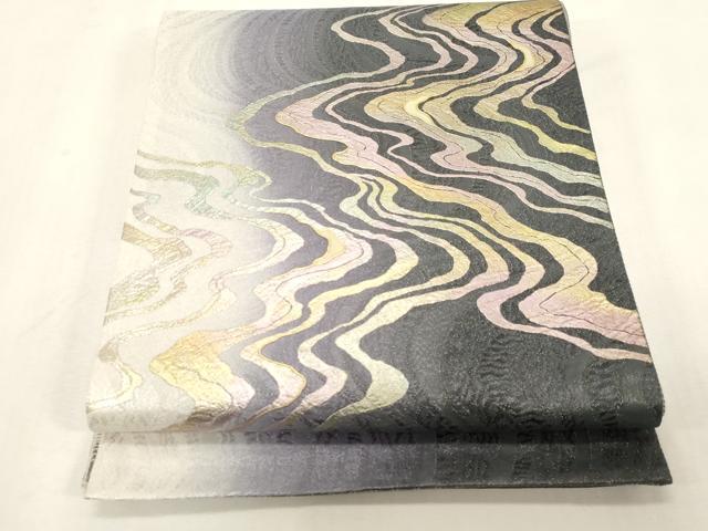 平和屋着物▽工芸作家 青地常峰 螺鈿工芸金彩 太鼓柄袋帯 スリーシーズン 春夏秋 螺鈿 流水文 金銀彩 正絹 逸品 CABG9349dy