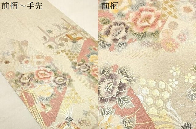 平和屋着物●綴れ 太鼓柄袋帯 破れ色紙重ね花鳥文 金銀彩 正絹 逸品 CABG9352dy