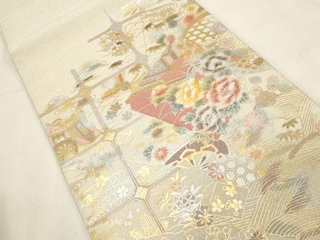 平和屋着物●綴れ 太鼓柄袋帯 破れ色紙重ね花鳥文 金銀彩 正絹 逸品 CABG9352dy