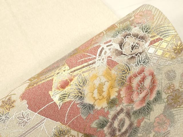 平和屋着物●綴れ 太鼓柄袋帯 破れ色紙重ね花鳥文 金銀彩 正絹 逸品 CABG9352dy