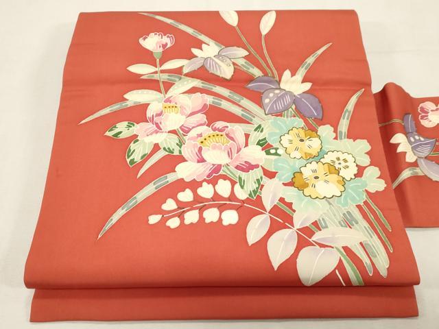 平和屋着物●塩瀬 九寸名古屋帯 草花文 金彩 正絹 逸品 CABG9366dy