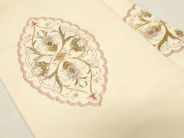 平和屋着物●塩瀬 九寸名古屋帯 総刺繍 駒刺繍 草花文 金銀糸 正絹 逸品 CABG9371dy