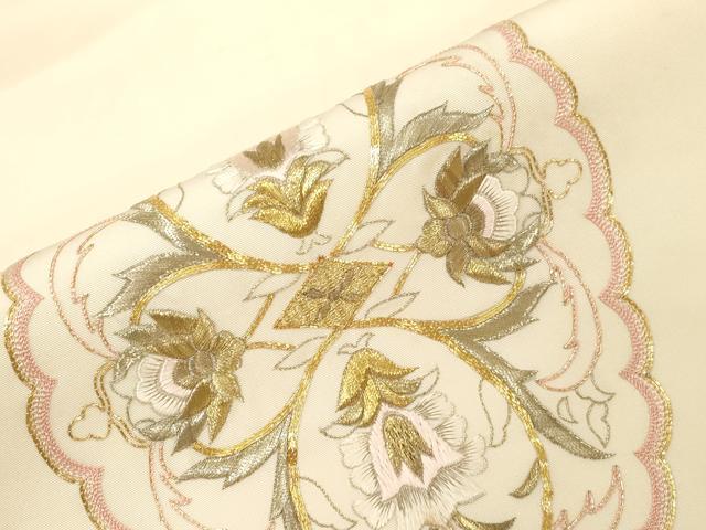 平和屋着物●塩瀬 九寸名古屋帯 総刺繍 駒刺繍 草花文 金銀糸 正絹 逸品 CABG9371dy