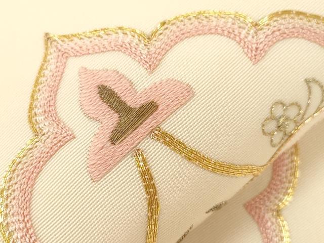 平和屋着物●塩瀬 九寸名古屋帯 総刺繍 駒刺繍 草花文 金銀糸 正絹 逸品 CABG9371dy