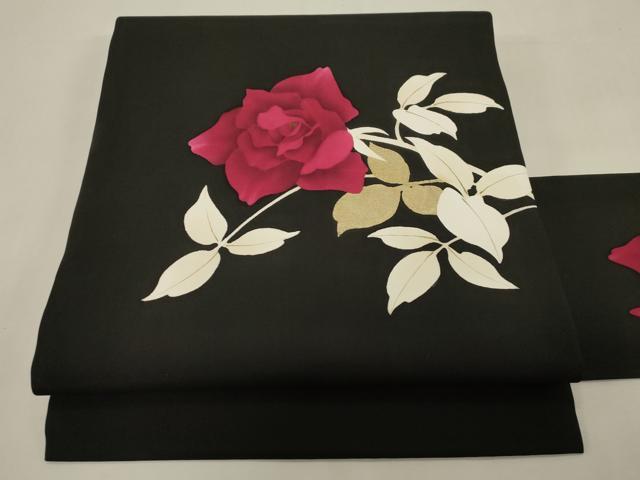 平和屋着物●塩瀬 九寸名古屋帯 草花文 黒地 金彩 正絹 逸品 CABG9374dy