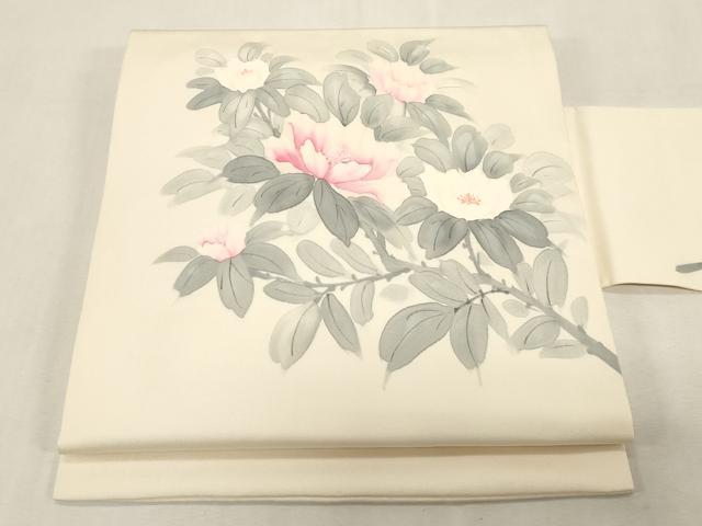 平和屋着物●塩瀬 九寸名古屋帯 手描き 草花文 正絹 逸品 CABG9376dy