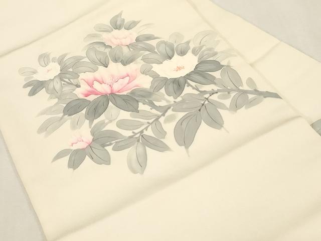 平和屋着物●塩瀬 九寸名古屋帯 手描き 草花文 正絹 逸品 CABG9376dy