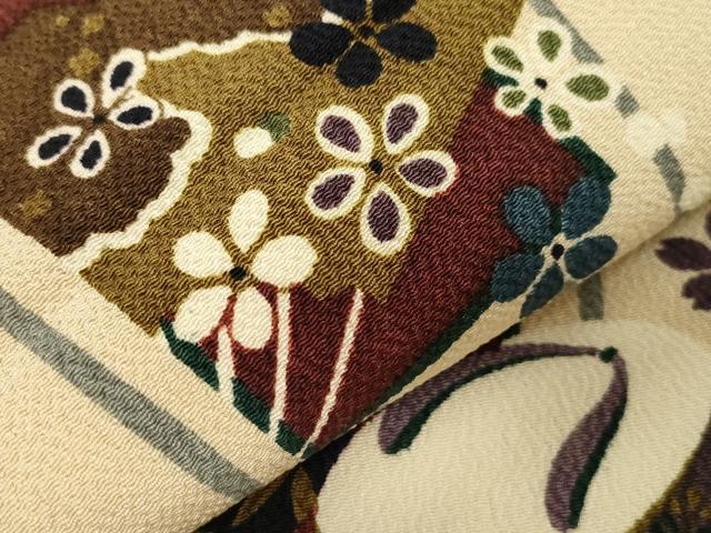 平和屋着物●九寸名古屋帯 短冊花文 鬼しぼ縮緬 正絹 逸品 CABL4800dy