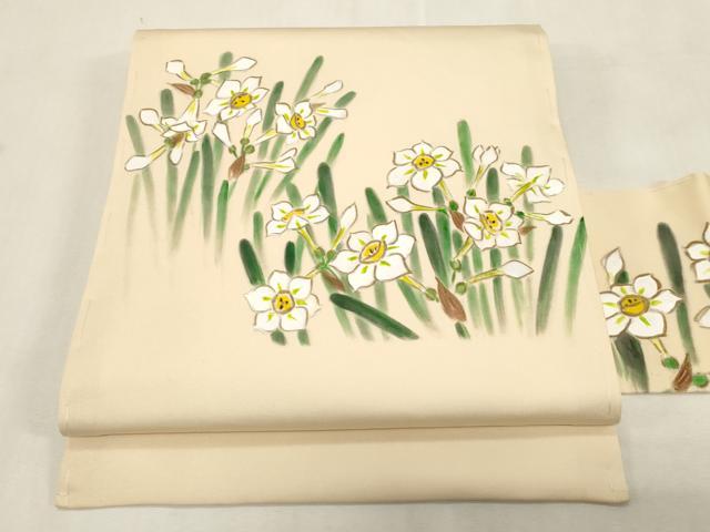 平和屋着物●塩瀬 九寸名古屋帯 手描き 睡蓮 正絹 逸品 CABG9378dy