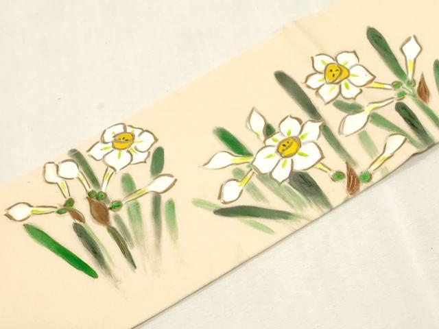 平和屋着物●塩瀬 九寸名古屋帯 手描き 睡蓮 正絹 逸品 CABG9378dy
