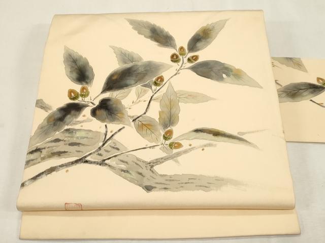 平和屋着物●塩瀬 九寸名古屋帯 作家物 手描き どんぐり 金彩 正絹 逸品 CABG9386dy