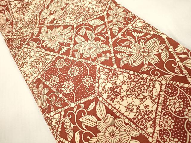 平和屋着物●九寸開き名古屋帯 紬地 型染め 切嵌草花文 正絹 逸品 CABG9389dy