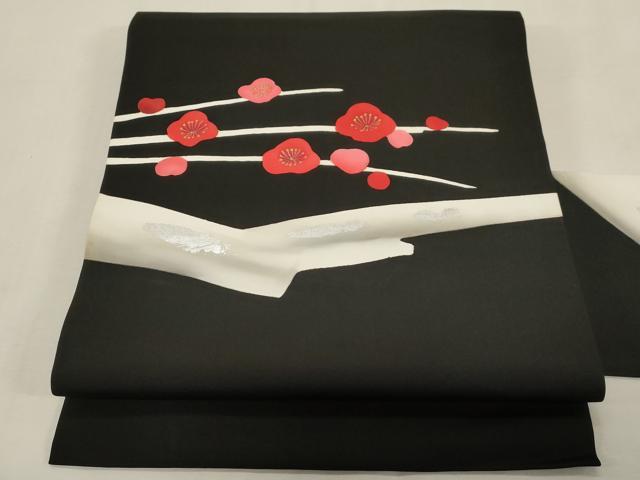 平和屋着物●塩瀬 九寸名古屋帯 枝梅文 黒地 金銀彩 正絹 逸品 CABG9394dy