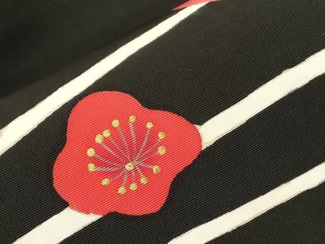平和屋着物●塩瀬 九寸名古屋帯 枝梅文 黒地 金銀彩 正絹 逸品 CABG9394dy