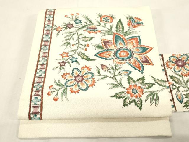 平和屋着物●九寸名古屋帯 手描き 更紗花文 正絹 逸品 CABG9397dy