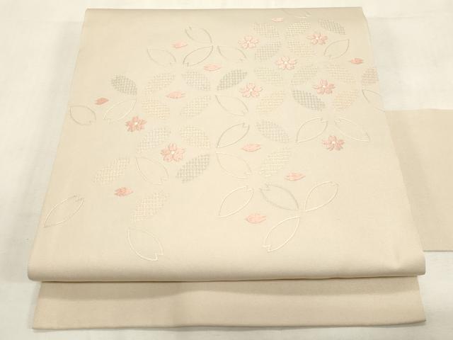 平和屋着物●塩瀬 九寸名古屋帯 総刺繍 舞桜文 正絹 逸品 CABG9402dy