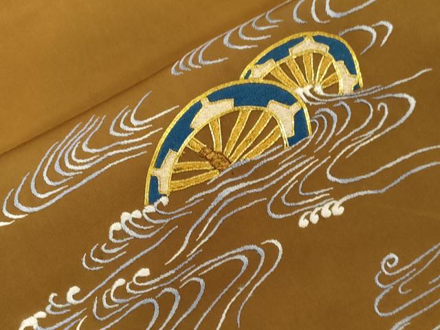 平和屋着物●塩瀬 九寸名古屋帯 駒刺繍 流水片輪車文 正絹 逸品 CABG9404dy
