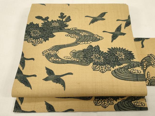 平和屋着物●九寸名古屋帯 紬地 藍 型染め 流水花鳥文 正絹 逸品 CABG9405dy