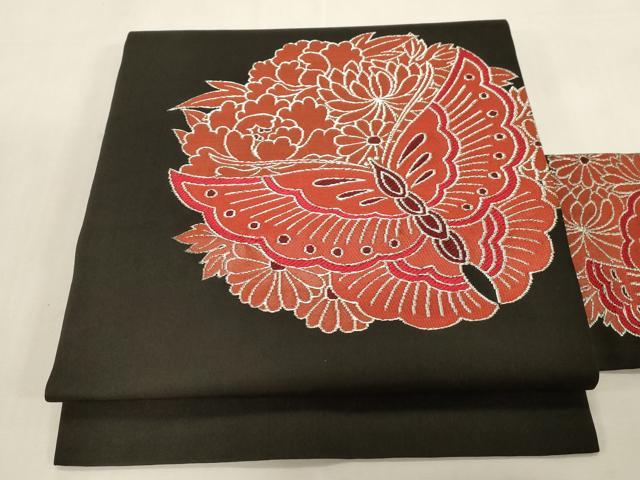平和屋着物●西陣 川島織物 九寸名古屋帯 花蝶文 黒地 銀糸 正絹 逸品 CABG9425dy