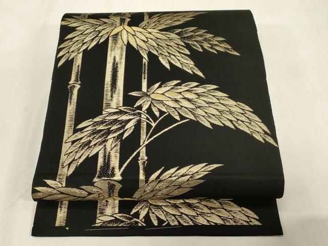 平和屋着物●六通柄 本袋帯 笹竹文 黒地 金糸 正絹 逸品 CABG9439dy